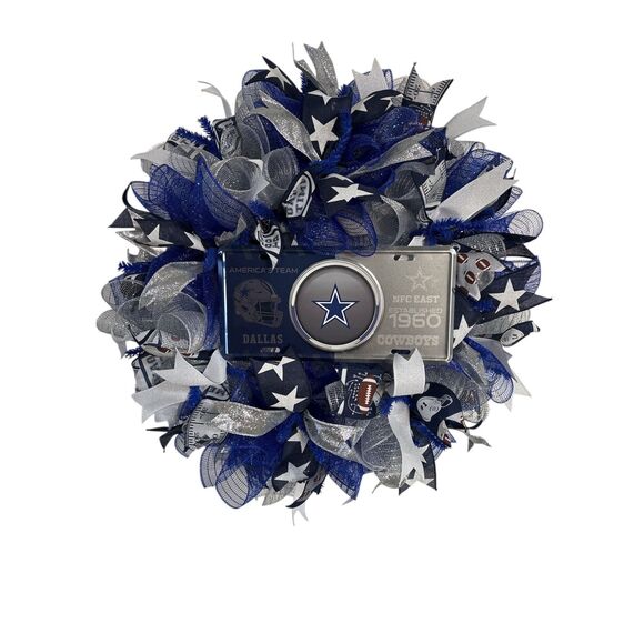 Premium Dallas Cowboys Wreath | Blue Silver Mesh Door Decor | NFC East 1960 Sign - Picture 5 of 5